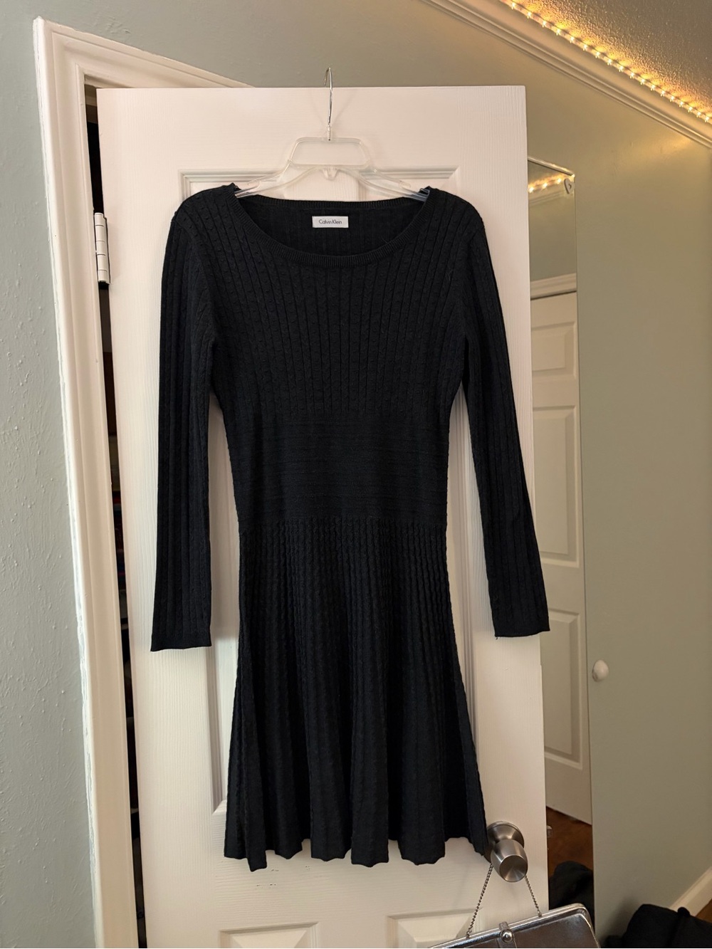 Calvin Klein Long Sleeve Cable Knit Fit & Flare Sweater Dress - Dark Charcoal